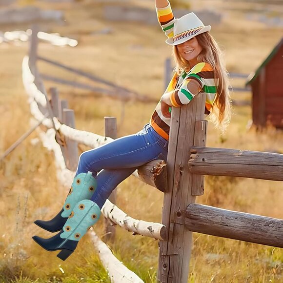 Nzzoo Western Boots Women Blue With Black Cowboy Wide Mid Calf Cowgirl Shoes - Picture 6 of 7